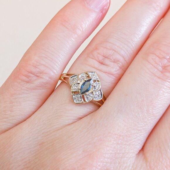 10K Gold Marquise Sapphire Ring with Illusion-Set Diamonds – Size 5.75 - Picture 7 of 7